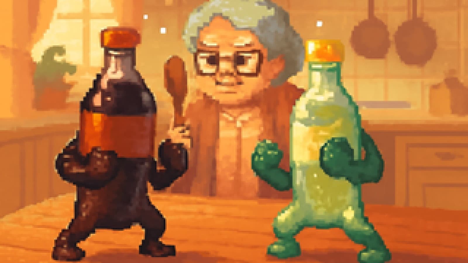 A pixel-art grandmother refereeing a face-off between a cola bottle and a lemon-lime soda bottle on a kitchen table.