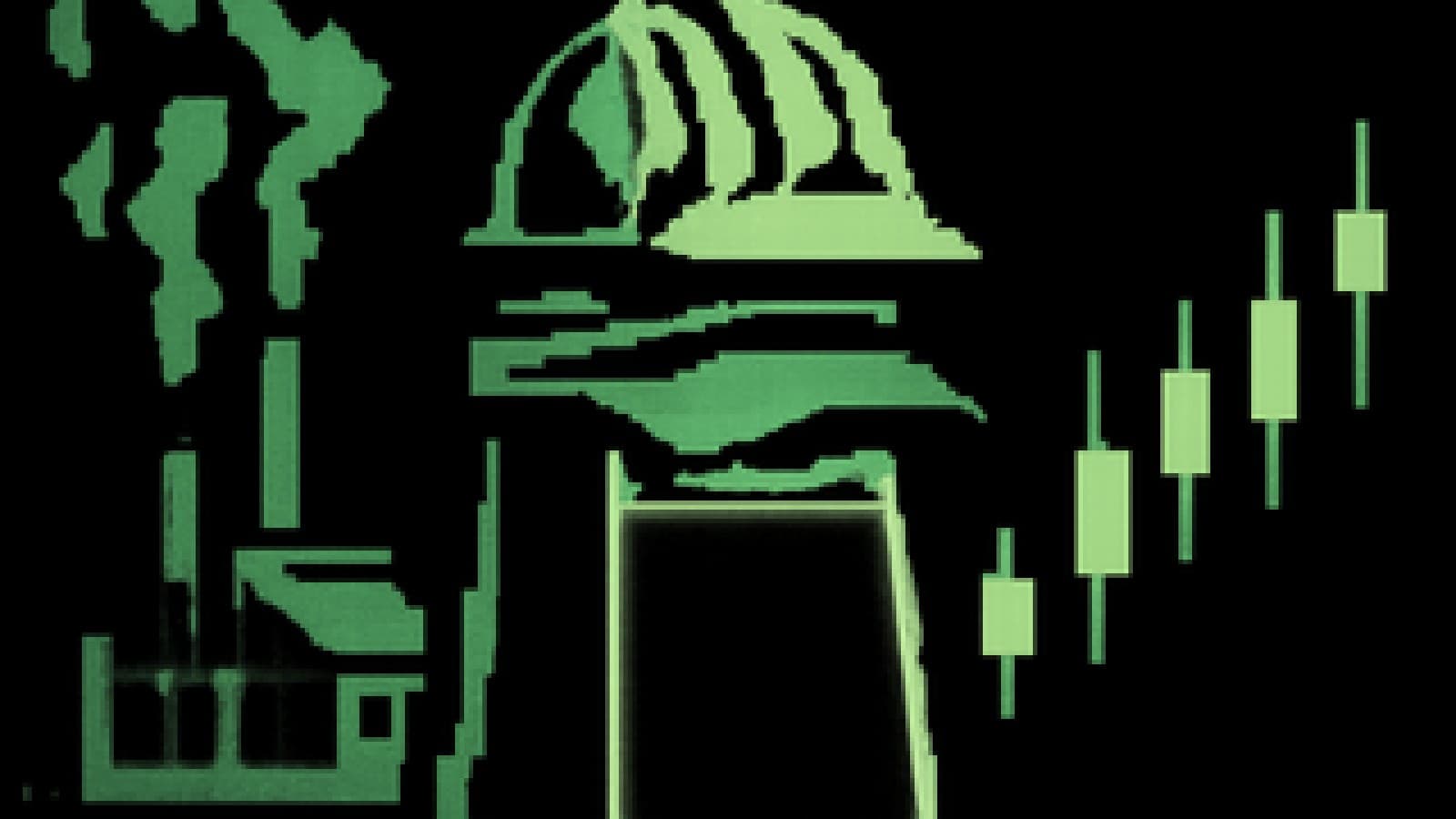 Pixel-art silver bar wearing a hard hat and a casino visor between a factory and a trading chart
