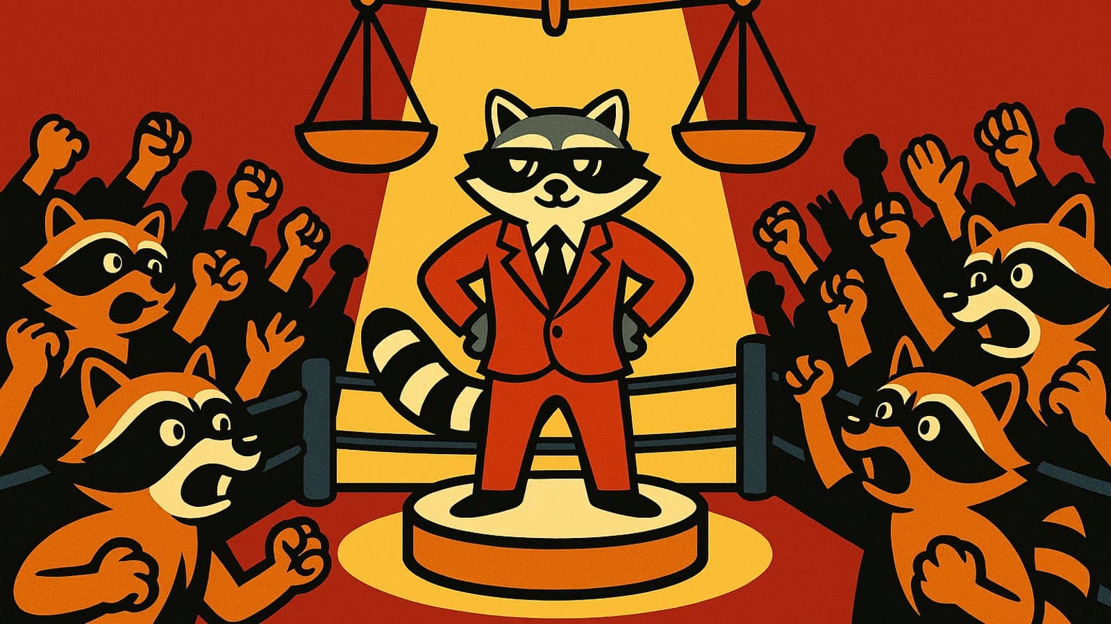 Cartoon raccoon on a spotlighted pedestal between two rival fan crowds, under a perfectly balanced scale