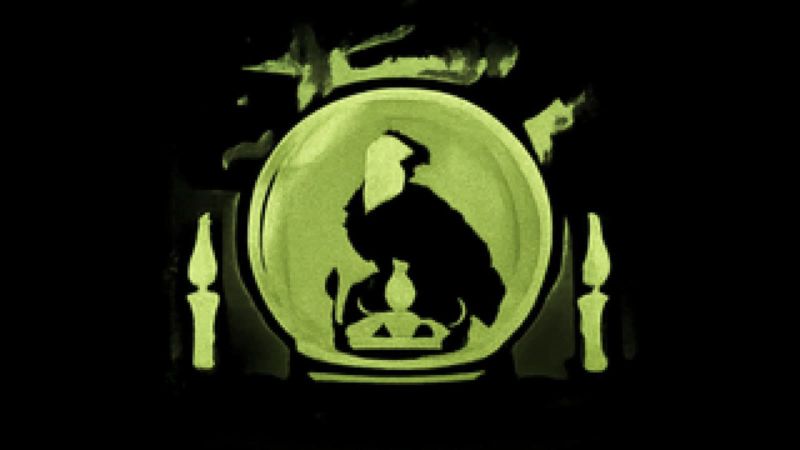 Pixel-art crystal ball with an eagle on a crown inside and a smoky red dragon curling around it.