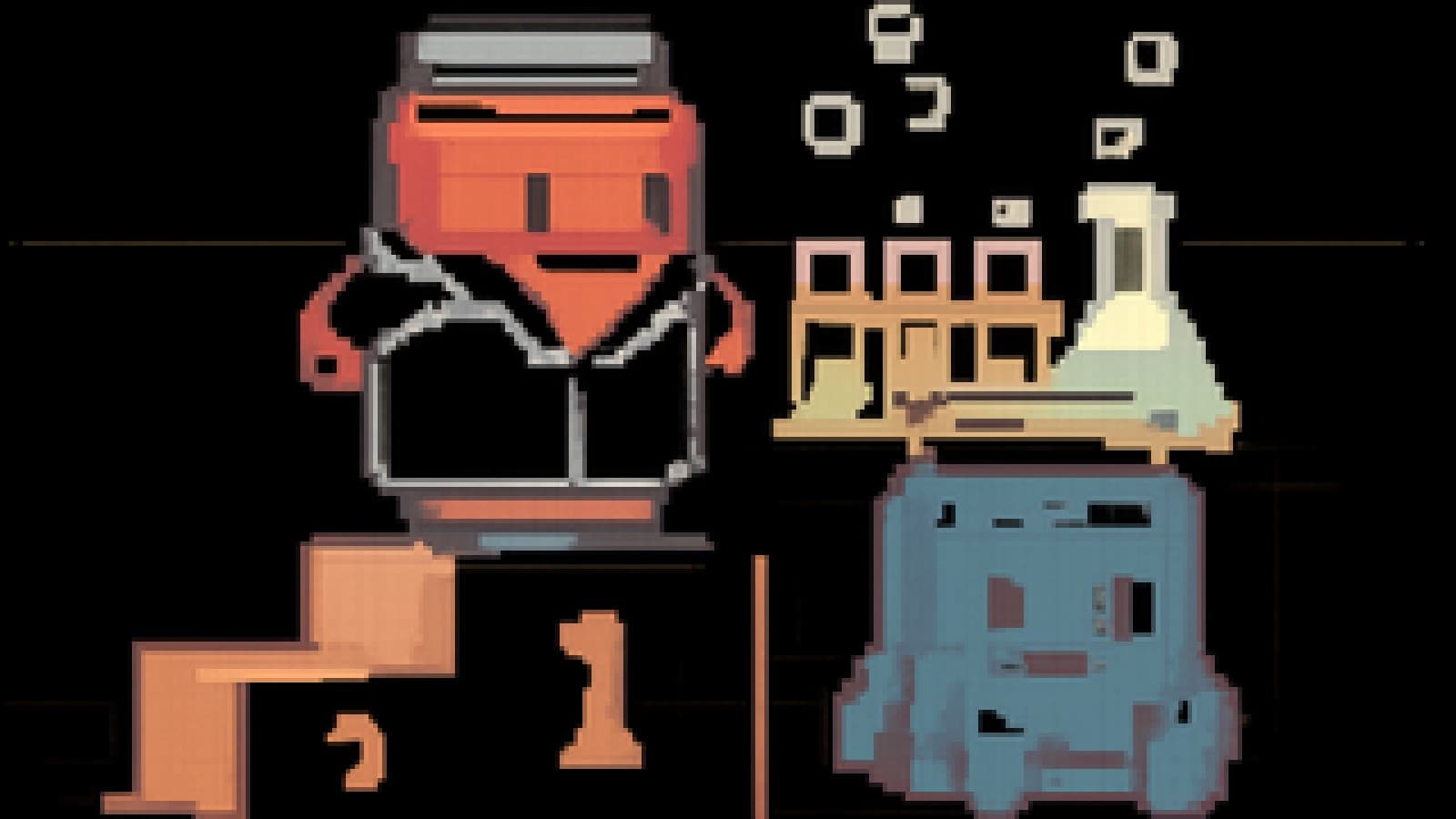 Pixel-art lab scene with a red can on a winner's podium and a deflated blue can beside it, surrounded by bubbling test tubes