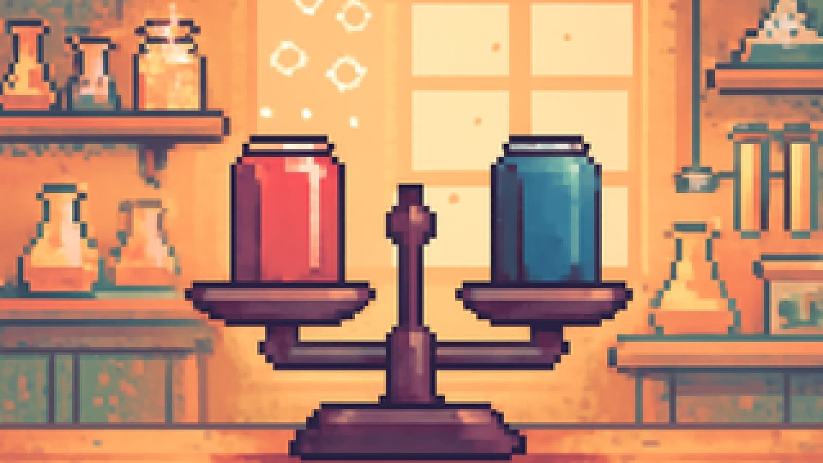 Pixel-art lab balance scale tipping toward a red soda can over a blue soda can, surrounded by rising bubbles