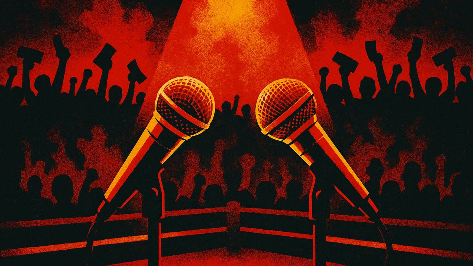 Two microphones squaring off like boxers in a spotlit ring as a cheering crowd watches