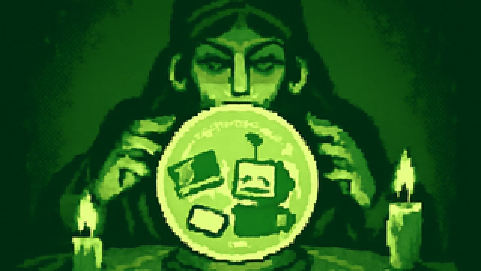 Pixel art of a crystal ball on a velvet table, showing a robot choosing between two glowing name tags.