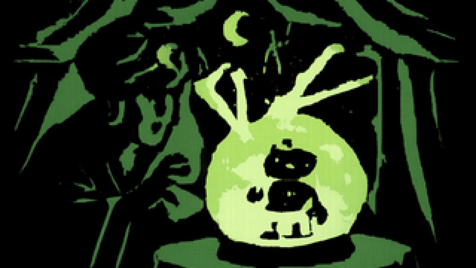 Pixel art of a crystal ball in a fortune teller's tent showing two glowing comets clashing above a puzzled robot.
