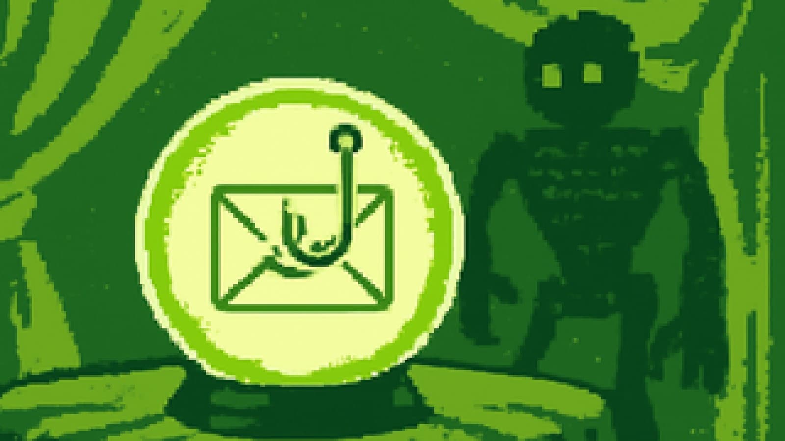 Pixel-art crystal ball showing a hooked envelope, with a shadowy code robot in the background