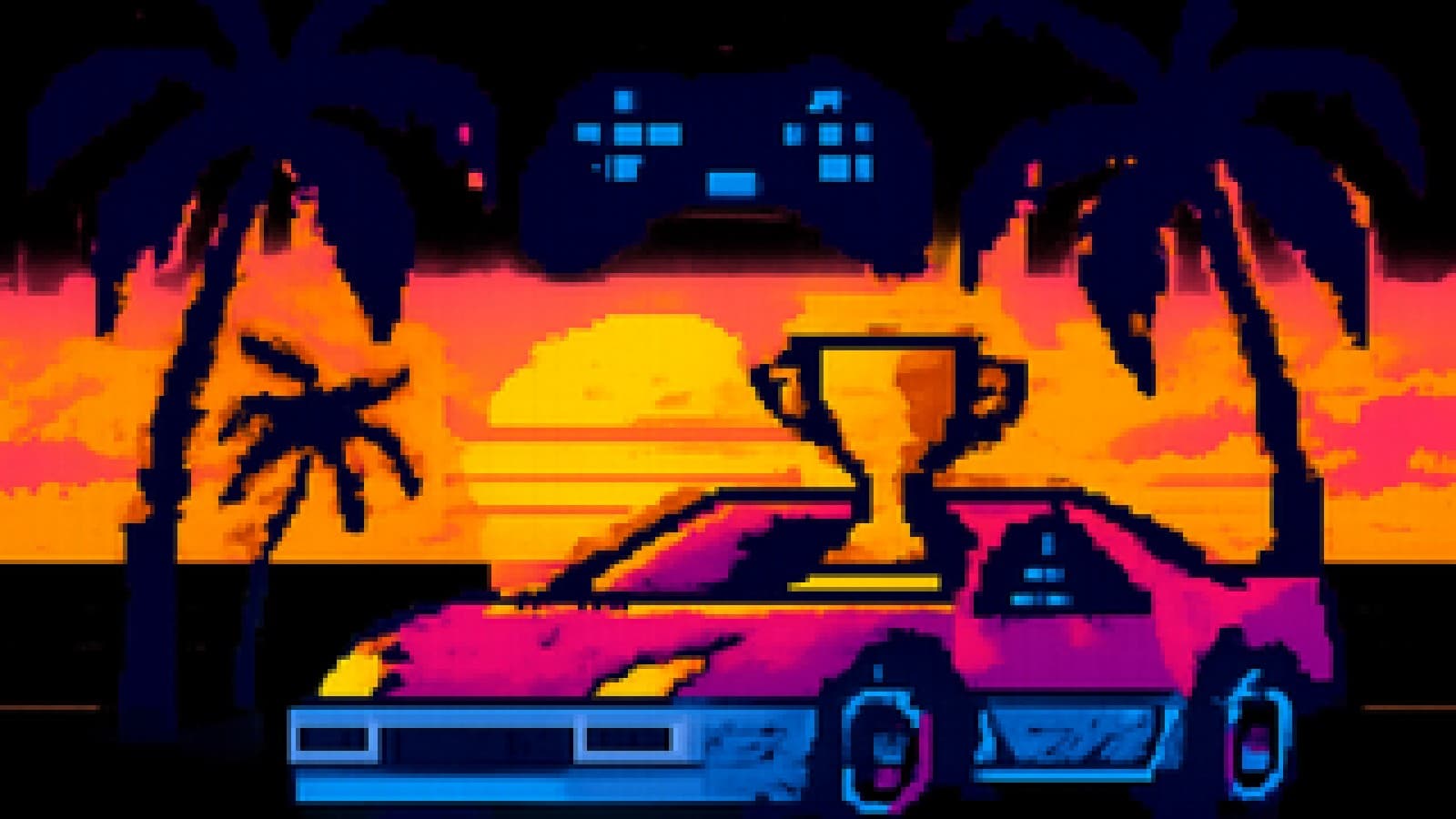 Neon sunset beach scene with a retro sports car carrying a glowing trophy under palm trees