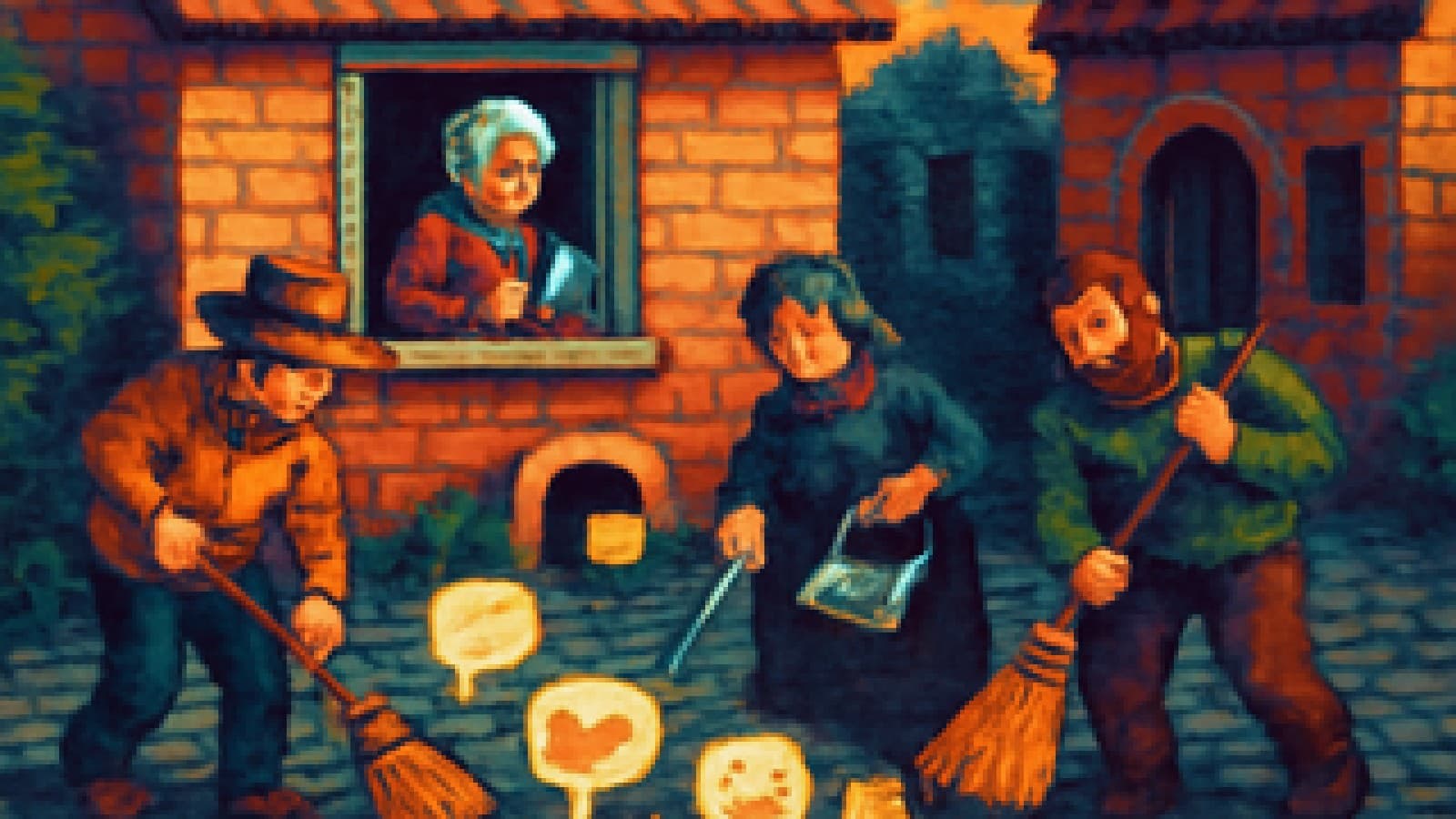 Pixel-art neighbours sweeping glowing speech bubbles off a village street while a grandmother watches from her window.