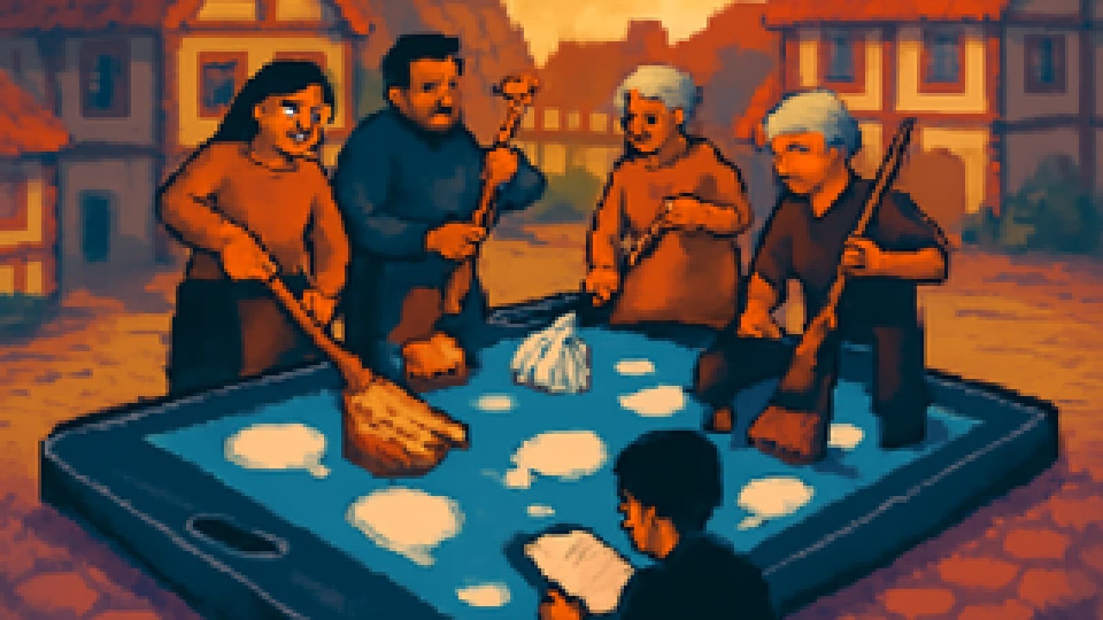 Pixel-art neighbours cleaning a village square shaped like a smartphone screen while a clipboard-holding inspector looks on.