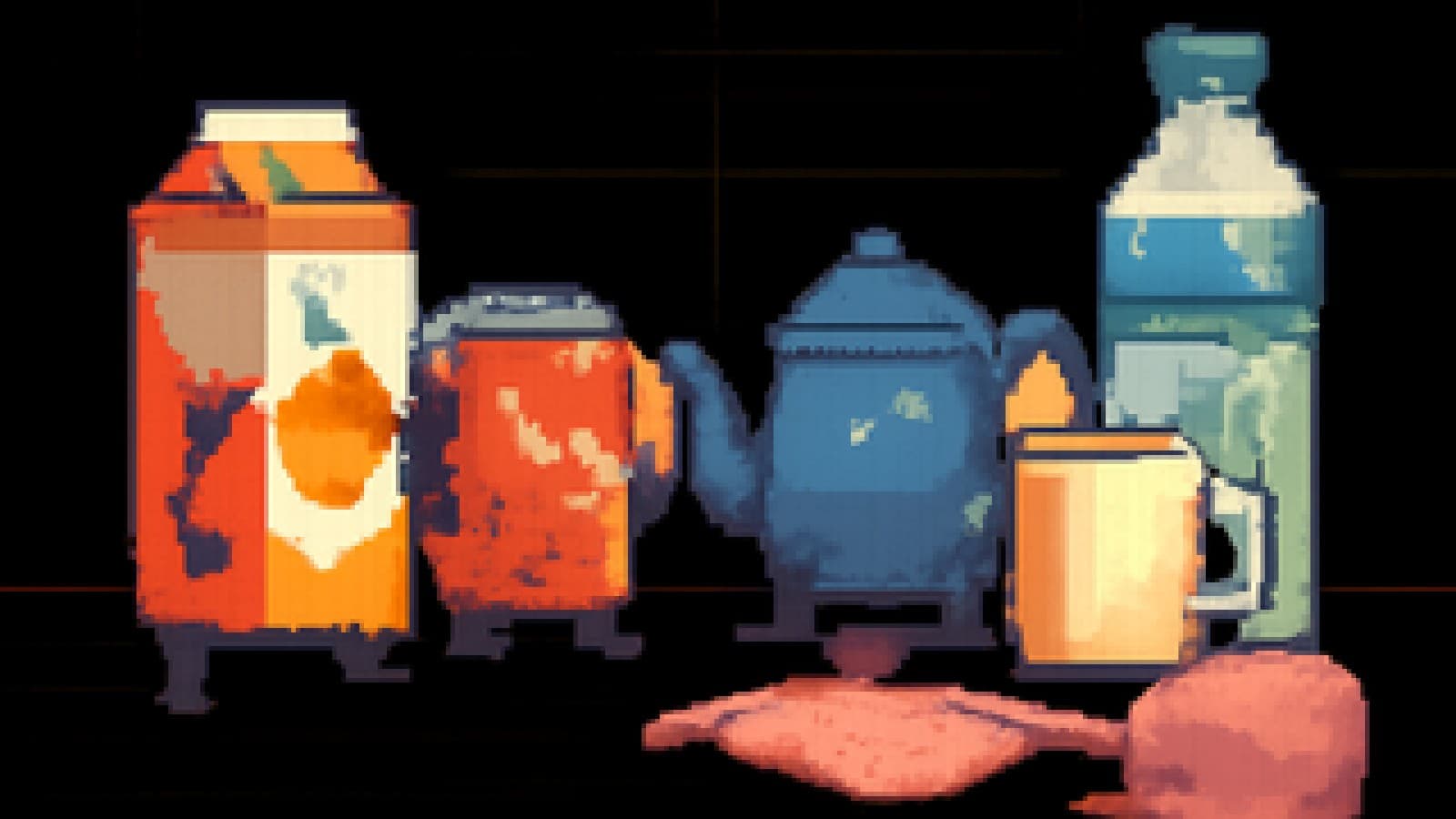 Pixel art of drink containers squaring off on a kitchen table beside some knitting