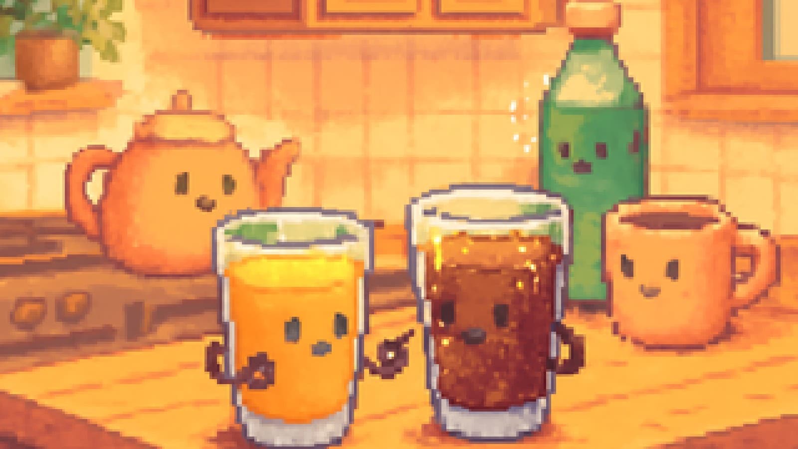 Pixel art of a juice glass and a soda glass facing off on a kitchen table while other drinks watch