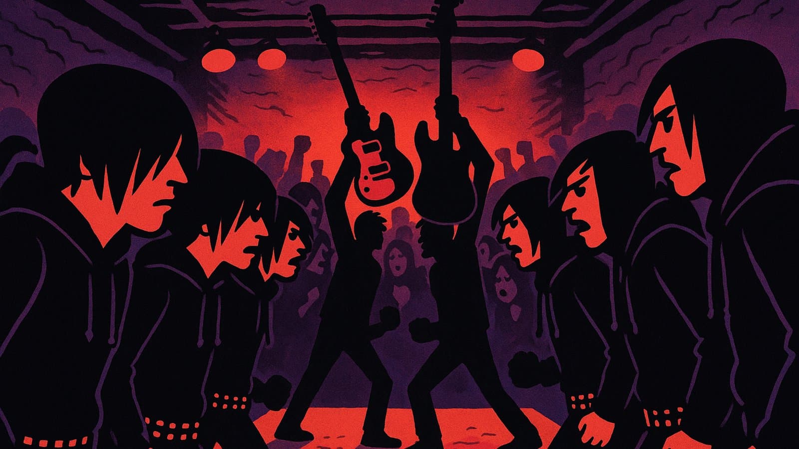 Two rival groups of emo fans face off across a dim basement concert stage, guitars held high