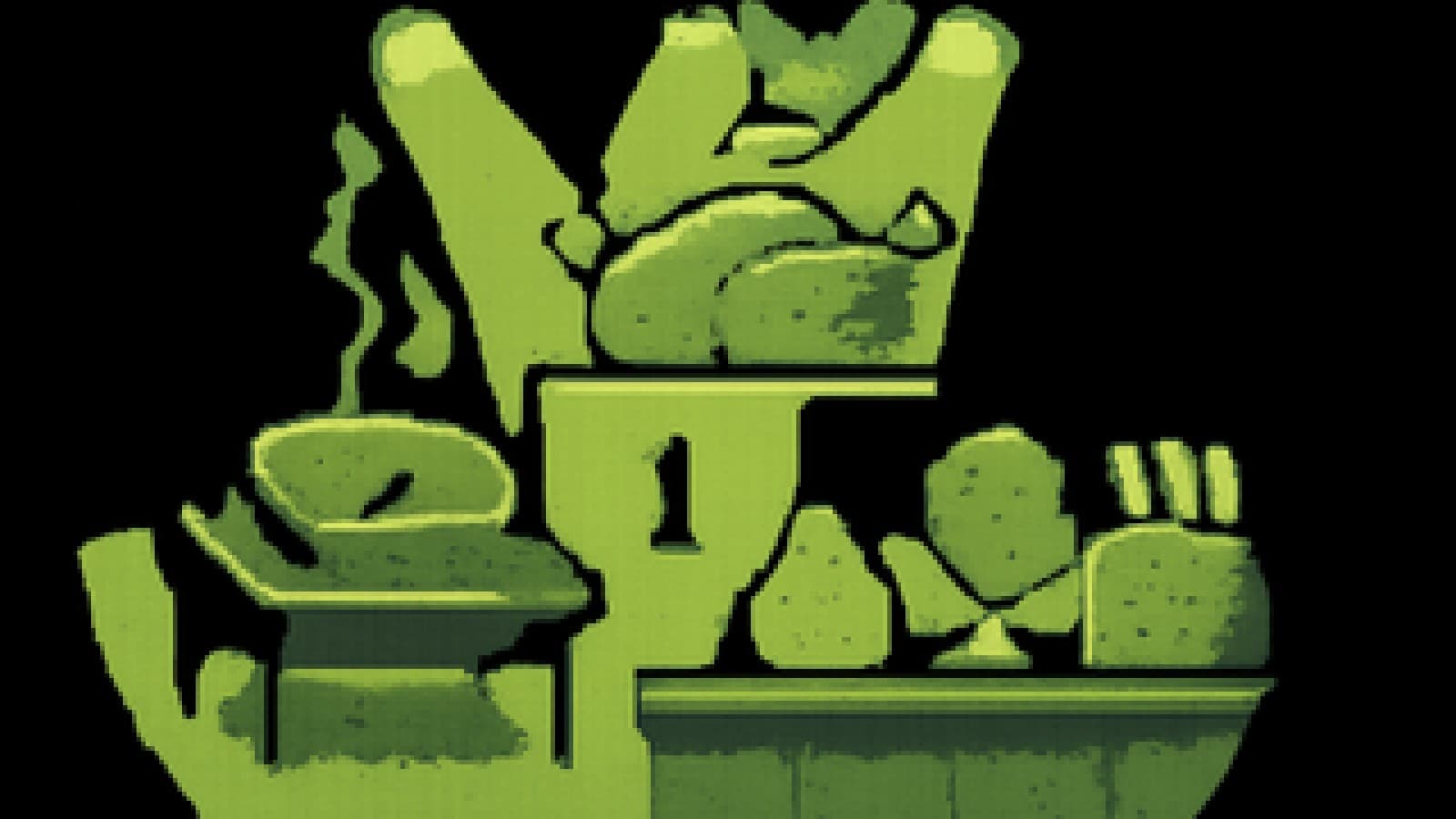 Pixel-art roast turkey wearing a crown on a podium while a steak smokes on a grill nearby