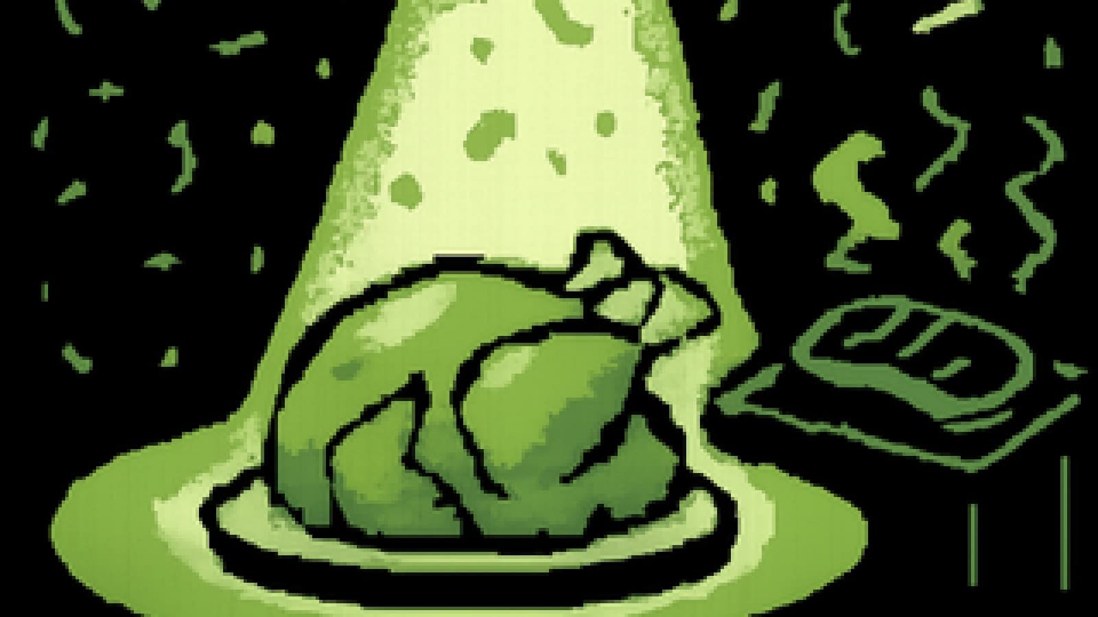 Pixel-art roast turkey in a spotlight with confetti as a steak sizzles on a grill behind it