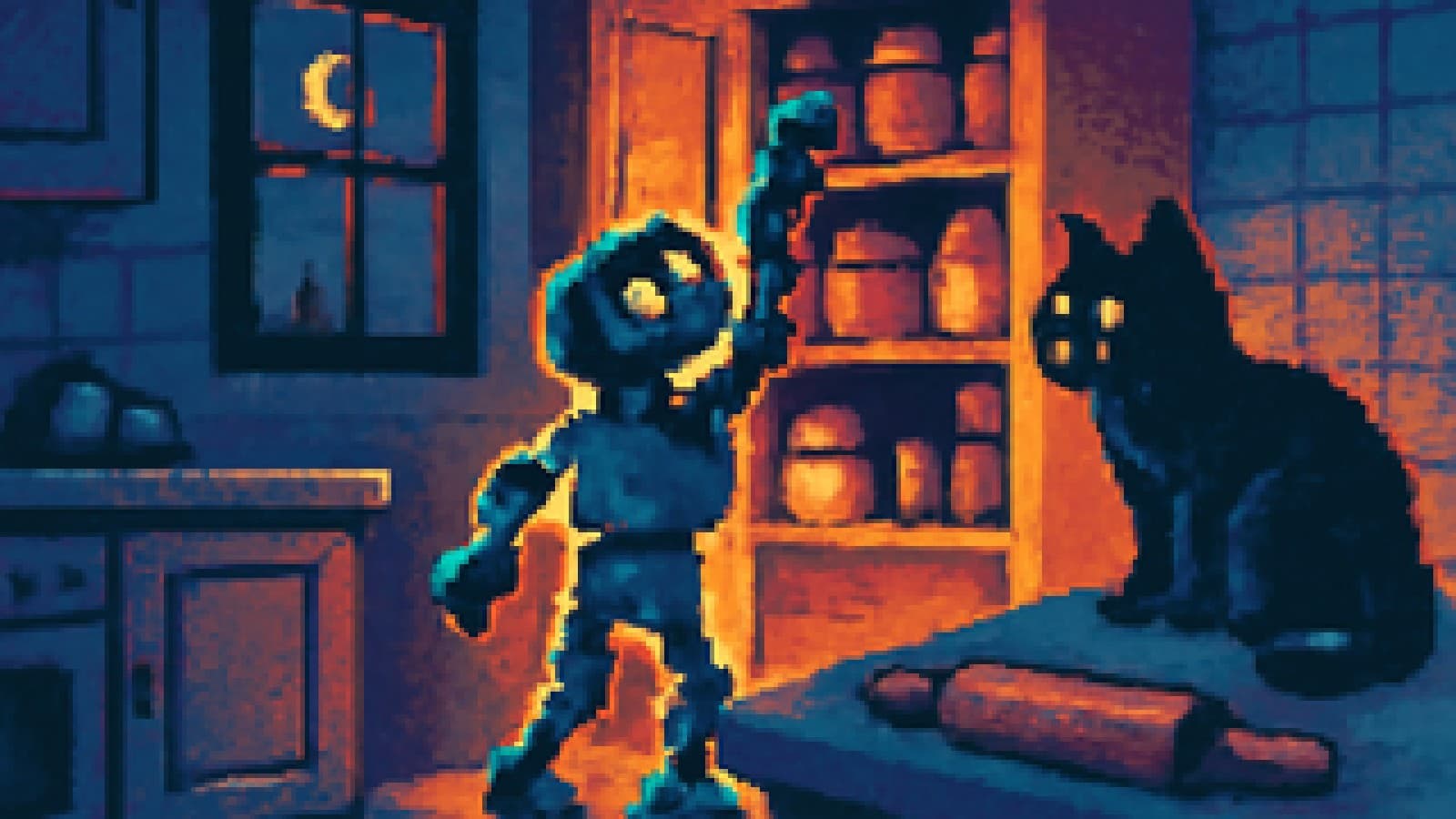 Pixel-art robot reaching into a pantry while a suspicious cat watches from the kitchen counter.