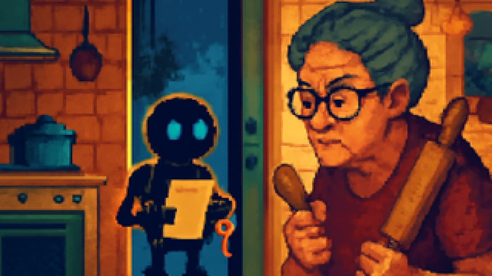 Pixel-art kitchen scene with a grandmother eyeing a small robot holding house keys and a shopping list.
