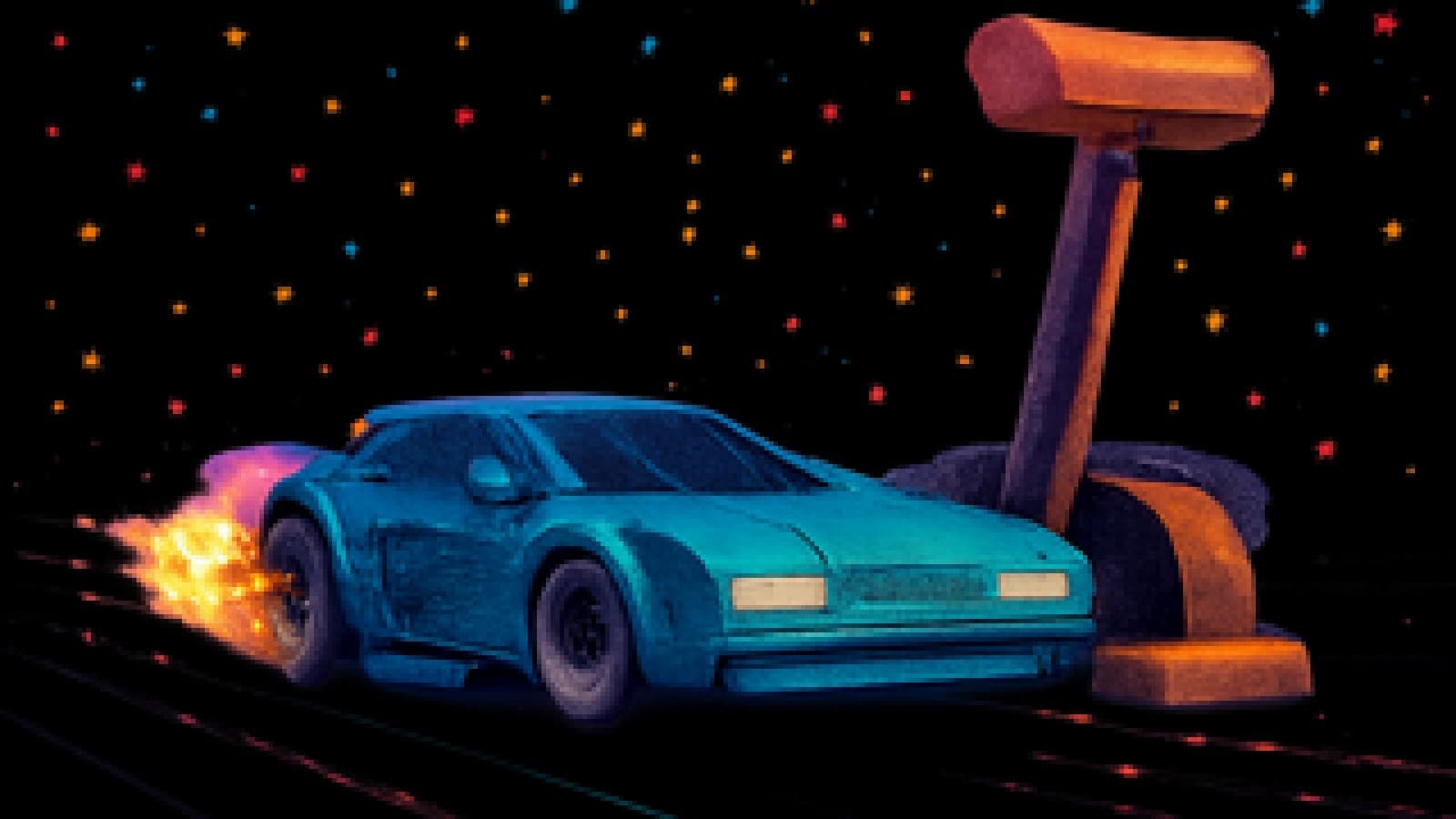 A neon AI race car boosting past a giant red emergency brake lever under falling confetti