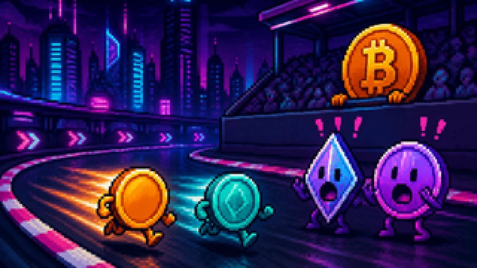 Illustration of two underdog crypto coins racing past two larger favourite coins as a Bitcoin coin watches