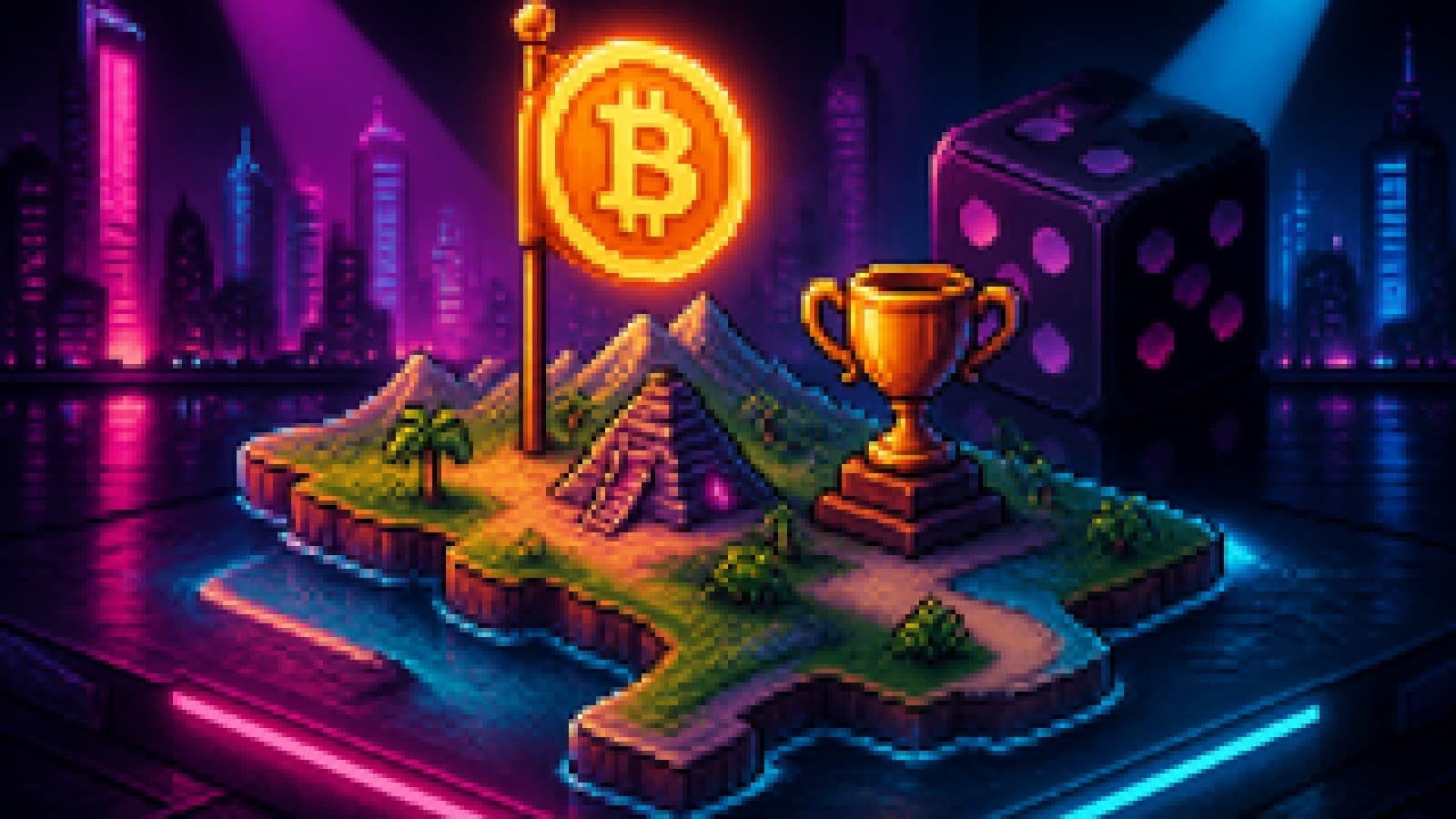 A giant Bitcoin coin planted on a tropical map beside a golden trophy and a dice cube