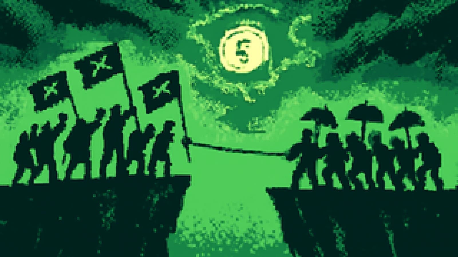 Illustration of two rival crowds fighting over a glowing gold coin floating in a stormy sky