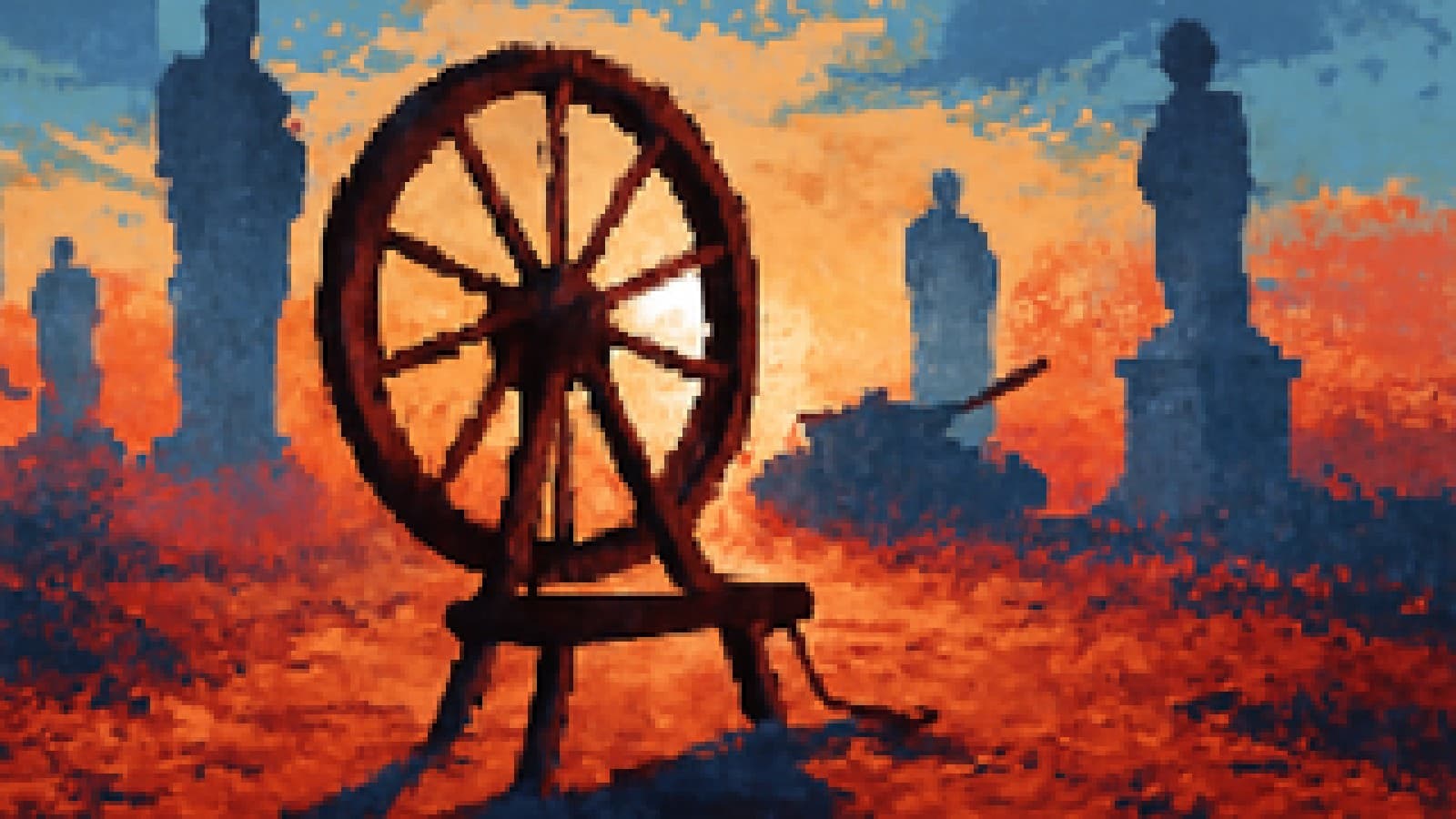 Pixel-art spinning wheel on a dawn road, with faded silhouettes of statues, a tank and a podium behind it