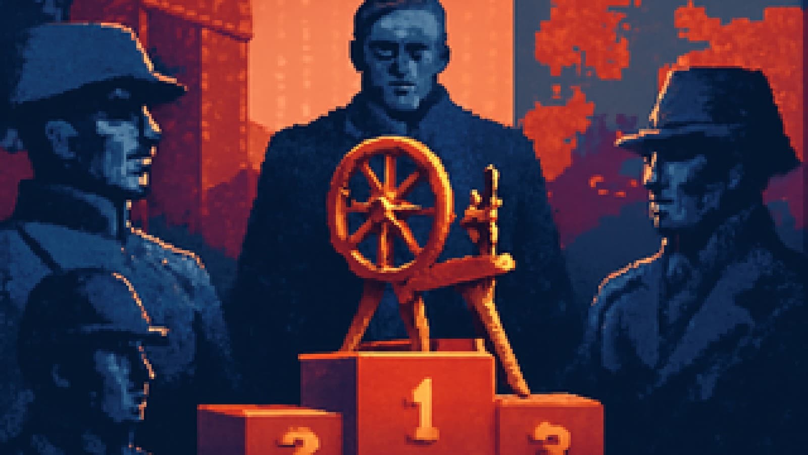 A wooden spinning wheel on a winner's podium, with shadowy marble statues of statesmen around it