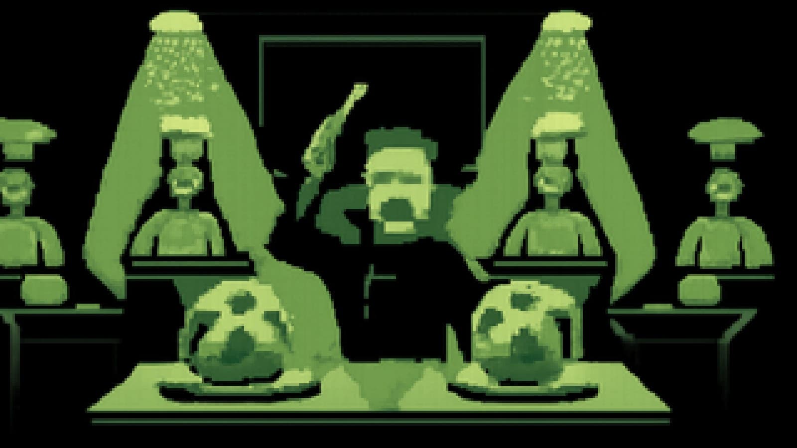 Pixel-art cooking show stage with five futsal balls plated at chef stations, two of them lit equally under spotlights in front of a judge.