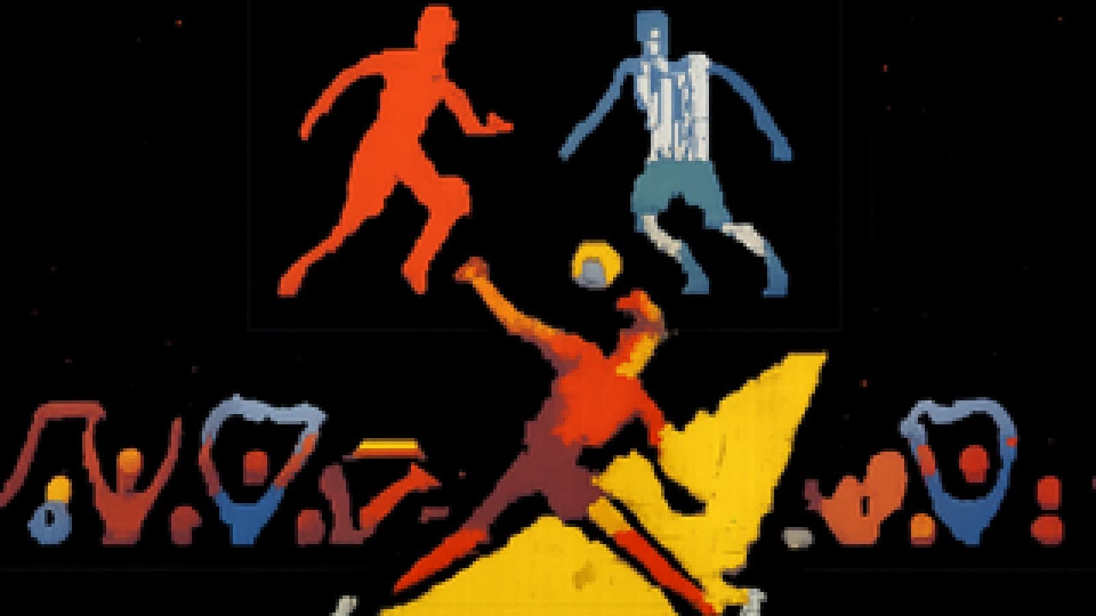 Pixel-art stadium at night with a spotlight on a red-shirted footballer silhouette as the crowd cheers