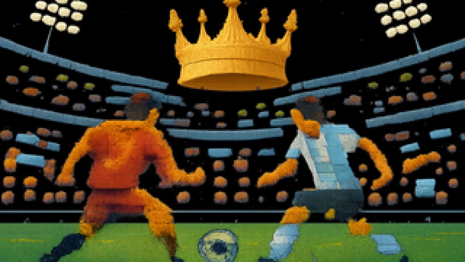 Pixel-art stadium with a golden crown floating between a red jersey and a striped light-blue jersey as the crowd cheers