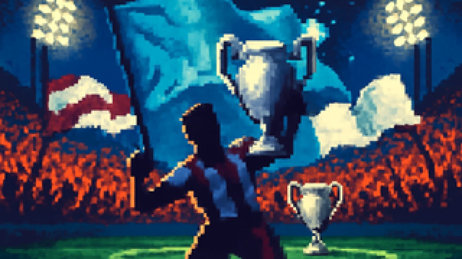 Pixel-art stadium at night with a sky-blue flag held highest among waving fan flags and a glowing trophy on the pitch.