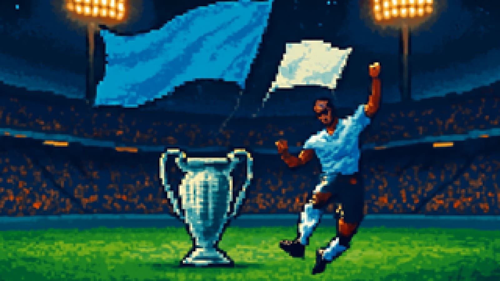 Pixel-art night stadium where a sky-blue flag flies above a white one over a glowing trophy on the pitch.