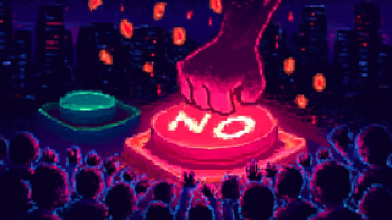 Pixel-art crowd of gamers slamming a huge red button while a small green button sits unpressed
