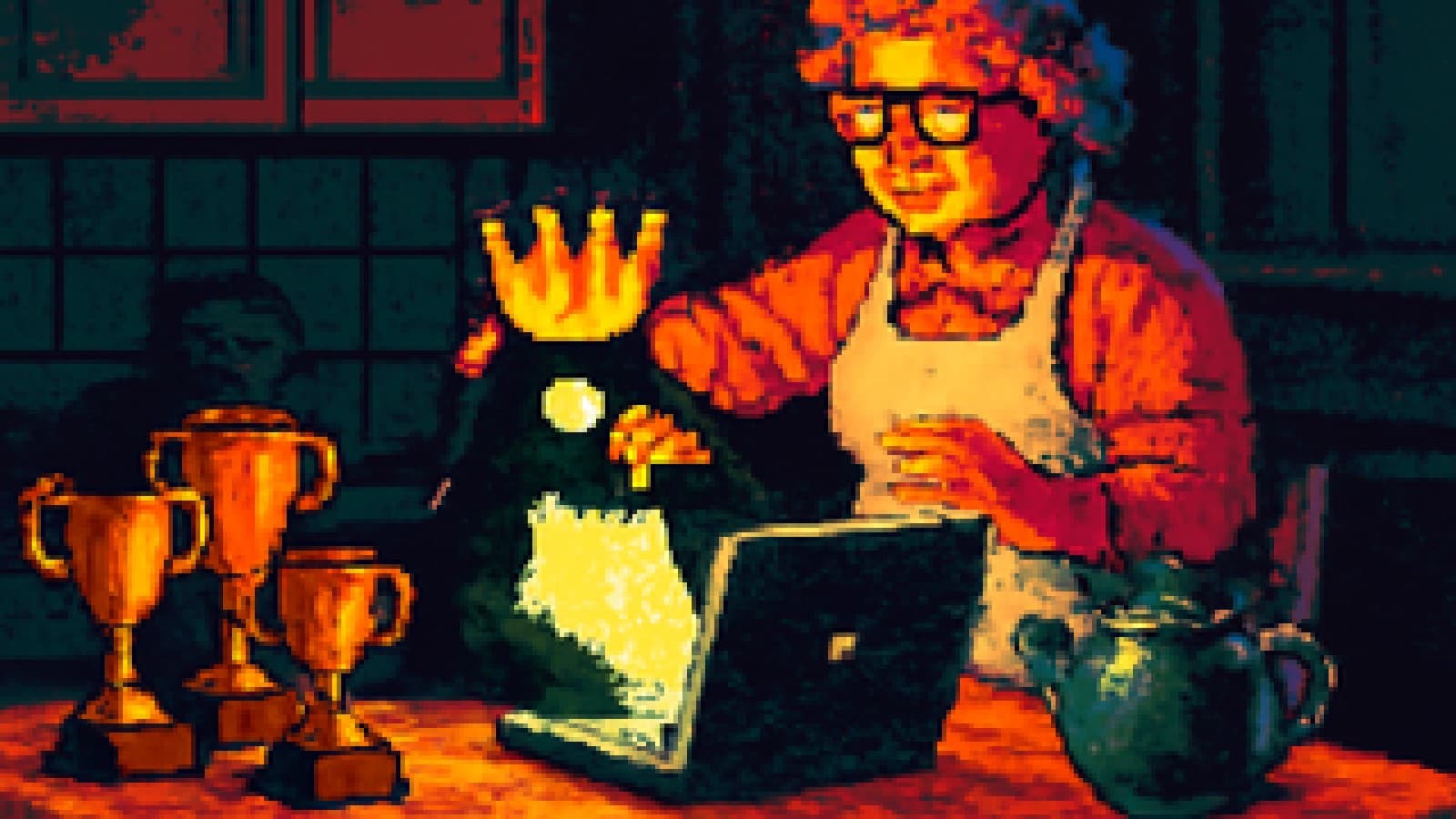 A grandmother crowning a penguin at a laptop in a warm kitchen