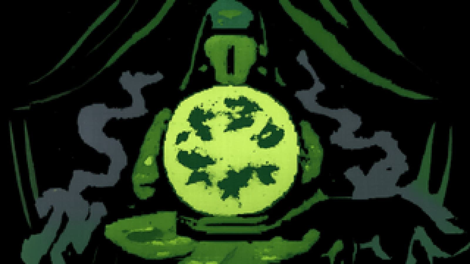 Pixel-art crystal ball showing six hero silhouettes as a panther shadow circles the table