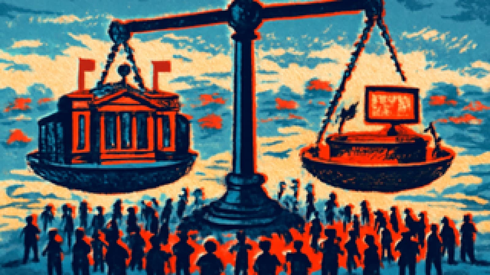 Pixel-art balance scales weighing a government building against a creator's desk while a crowd debates