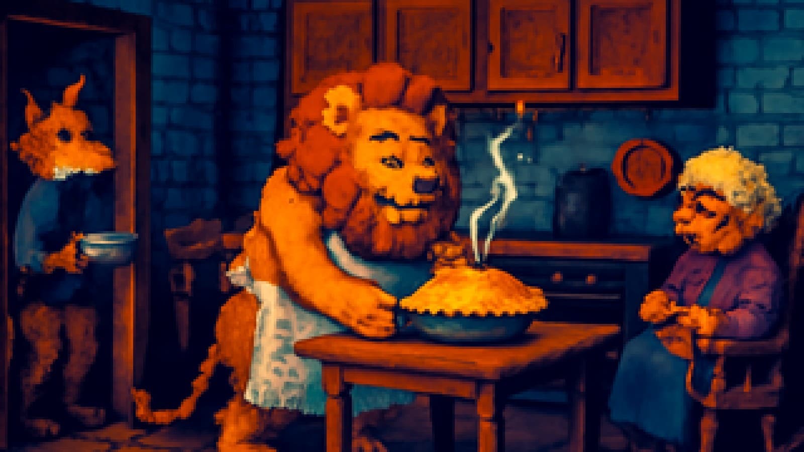 Pixel-art kitchen with a lion in an apron serving pie while a fox holds leftovers and a grandmother watches from a rocking chair