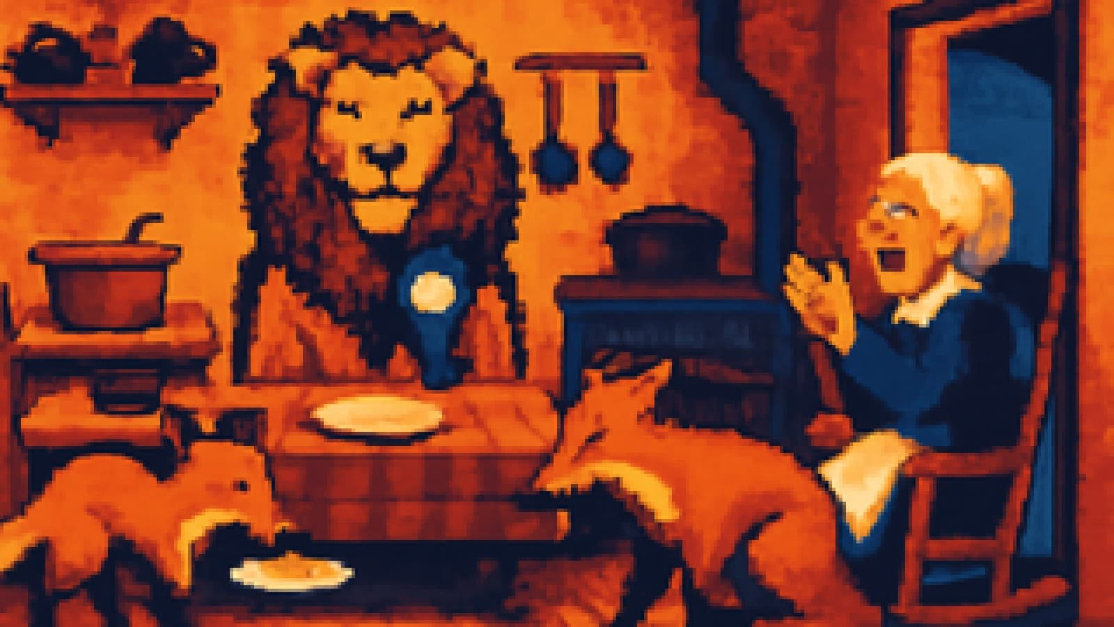 Pixel-art kitchen scene with a ribboned lion at the head of the table, a fox leaving with leftovers, and a grandmother applauding
