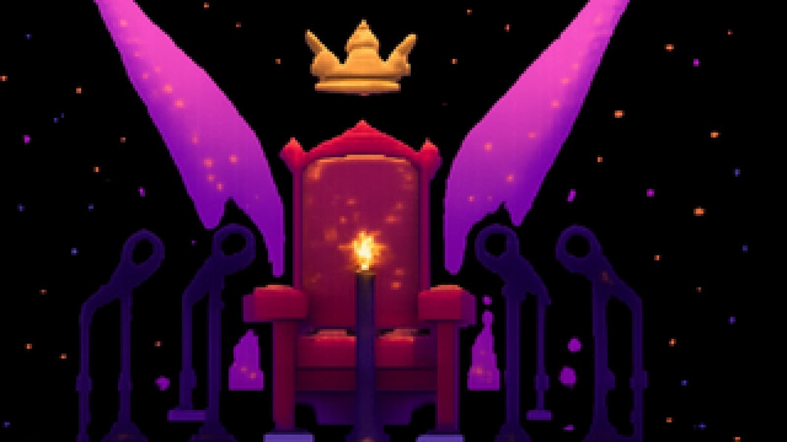 Pixel-art throne room with a floating golden crown above a throne and five microphones, one glowing brightest.