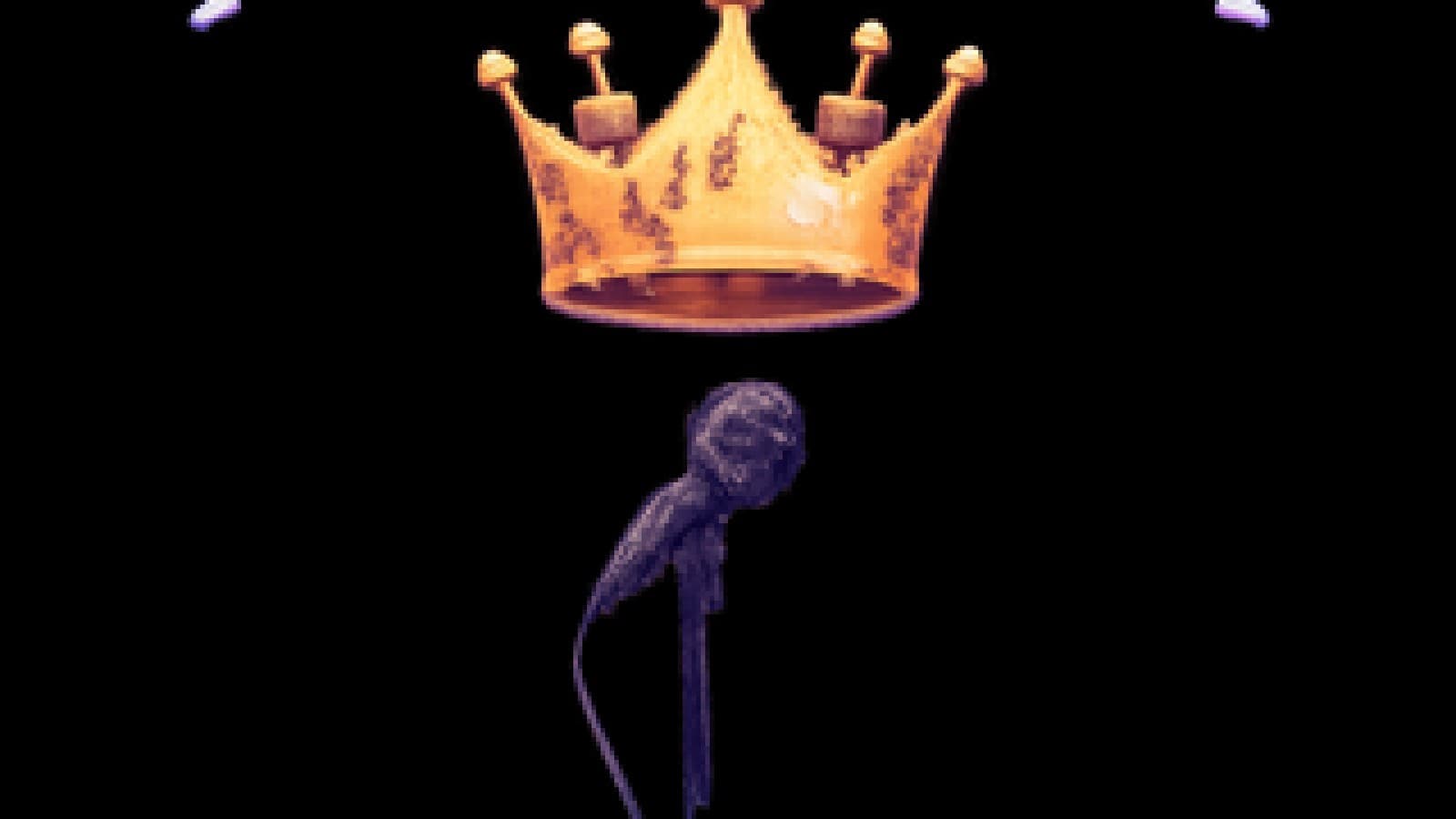 Pixel-art golden crown lowering onto a spotlit microphone while a second microphone waits behind it before a cheering crowd.
