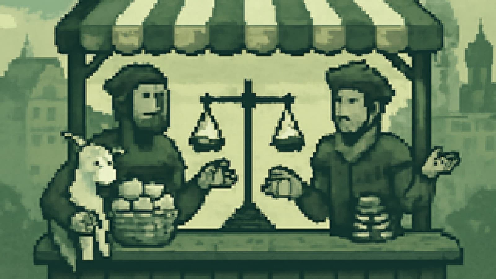 Pixel art of a farmer with a goat and a merchant with coins shrugging beside a perfectly balanced scale at a market stall.
