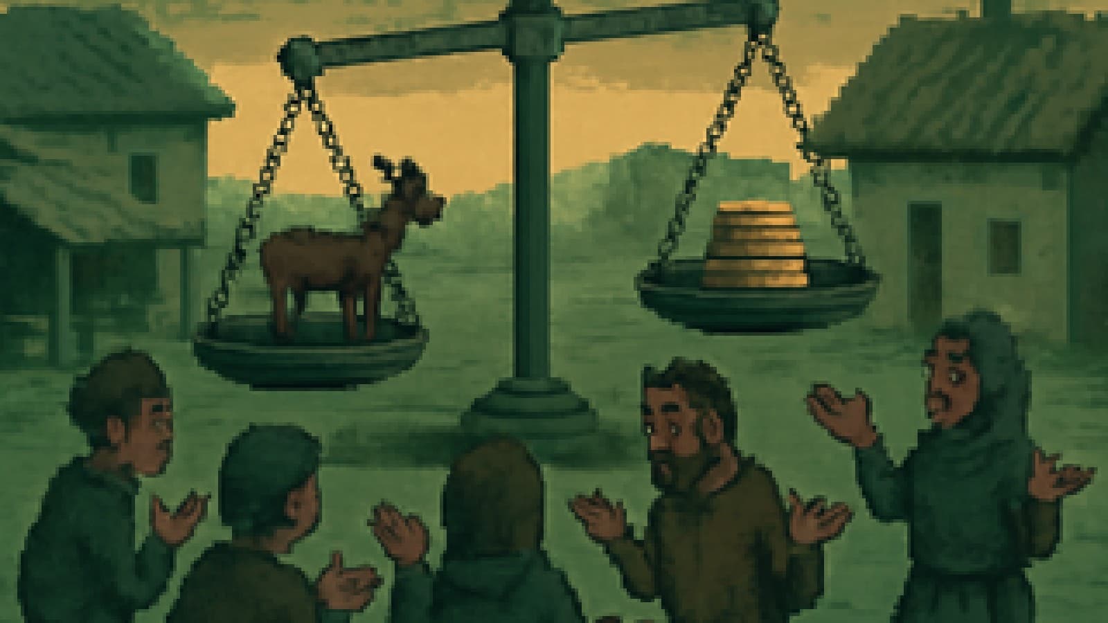 Pixel art of a goat and a pile of coins balanced evenly on a giant scale in a village market, with shrugging traders gathered round.