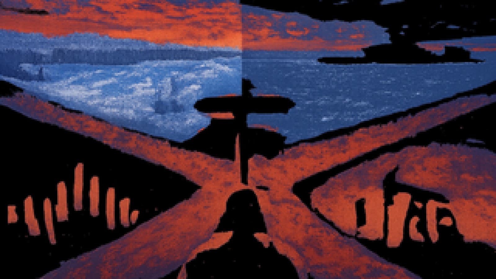 Pixel-art crossroads at dusk with four roads leading to a snowy plain, a stormy strait, a desert with oil derricks and a city of glowing bars.
