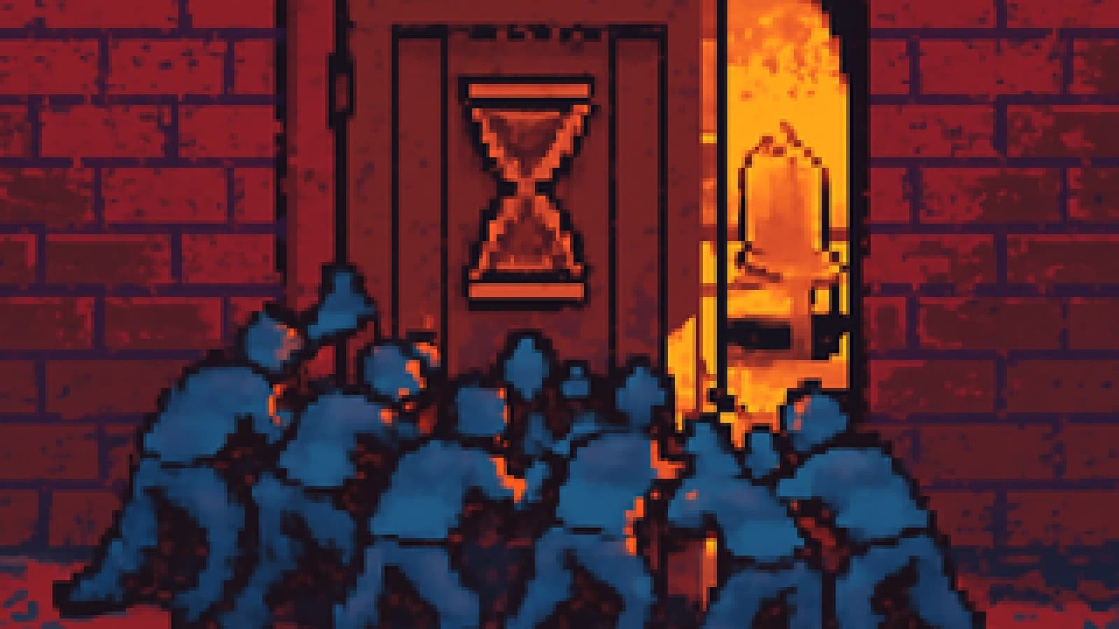 Pixel-art crowd pushing shut a massive carved door with a throne glowing behind it