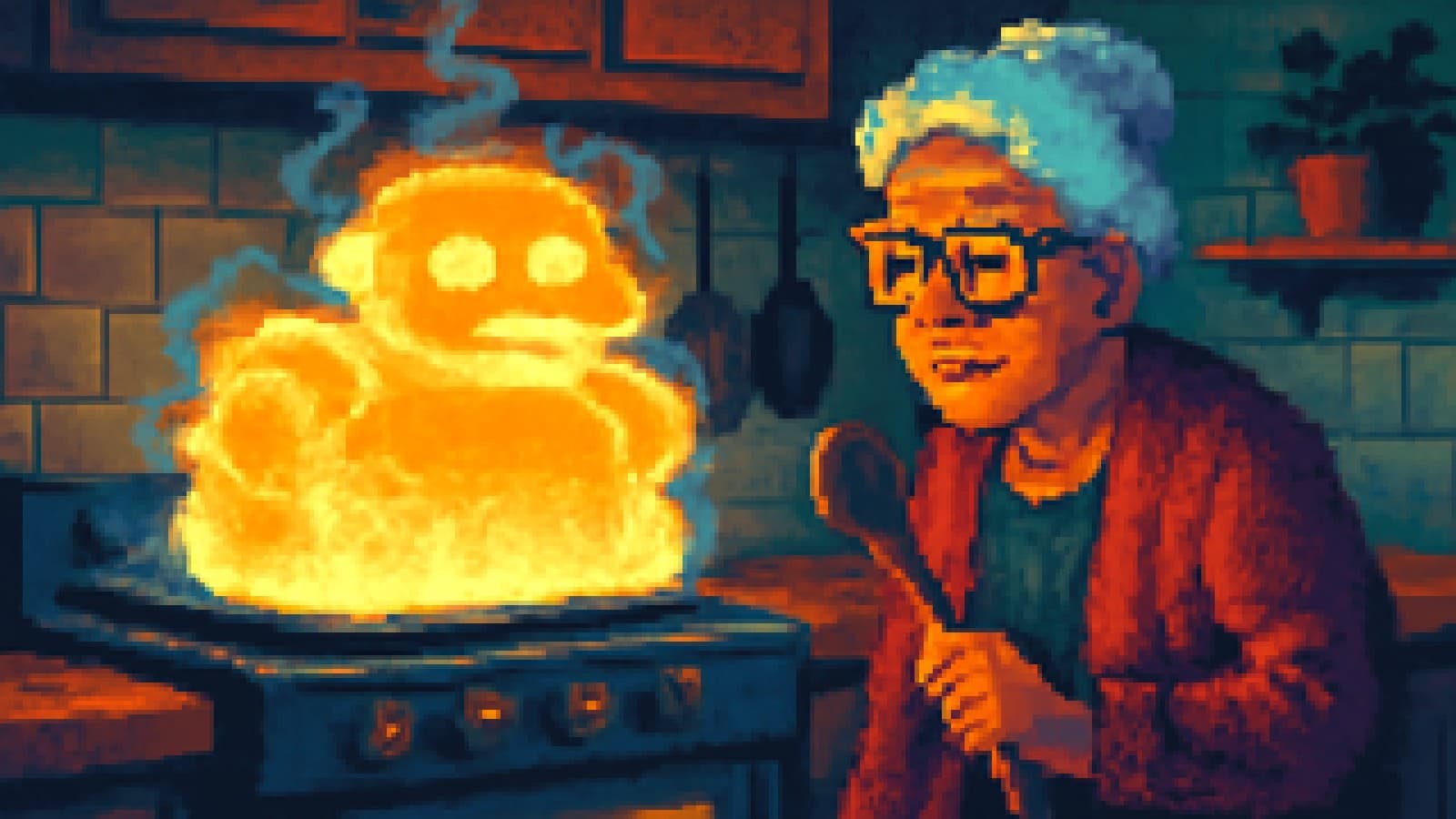 Pixel-art grandmother watching a giant robot-shaped soufflé sink as it comes out of the oven