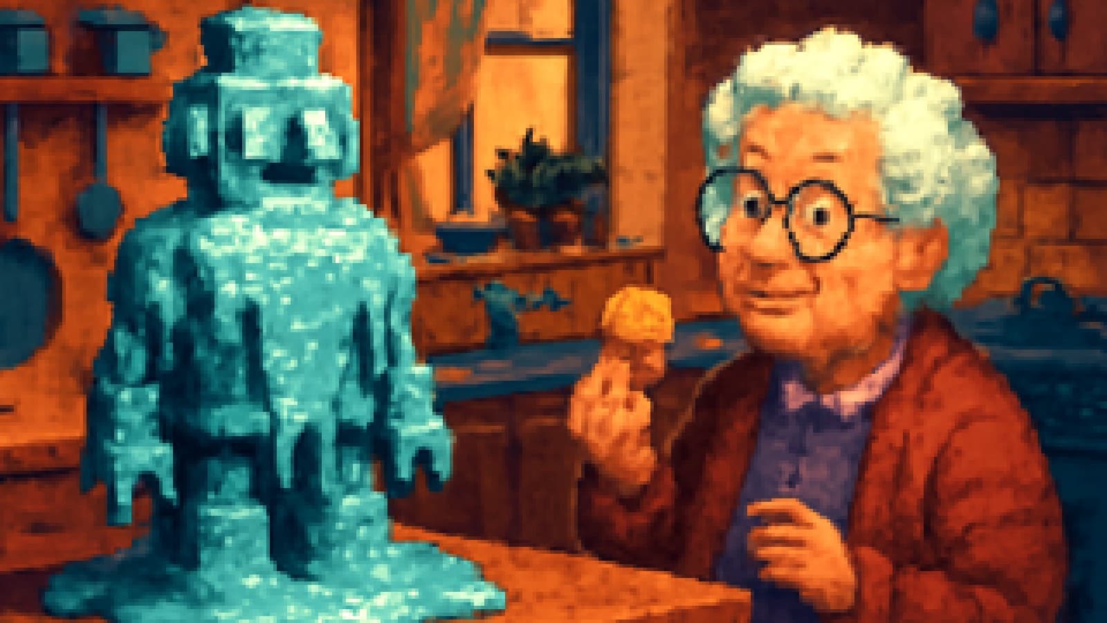Pixel-art grandmother comparing a collapsing giant robot cake with a modest teacake in a cosy kitchen