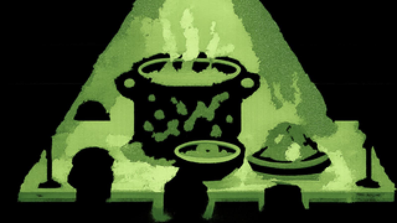 Pixel-art cook-off stage with a bubbling stew pot of stock charts at the front and a broth bowl, gold flakes and a futuristic dessert waiting behind it.