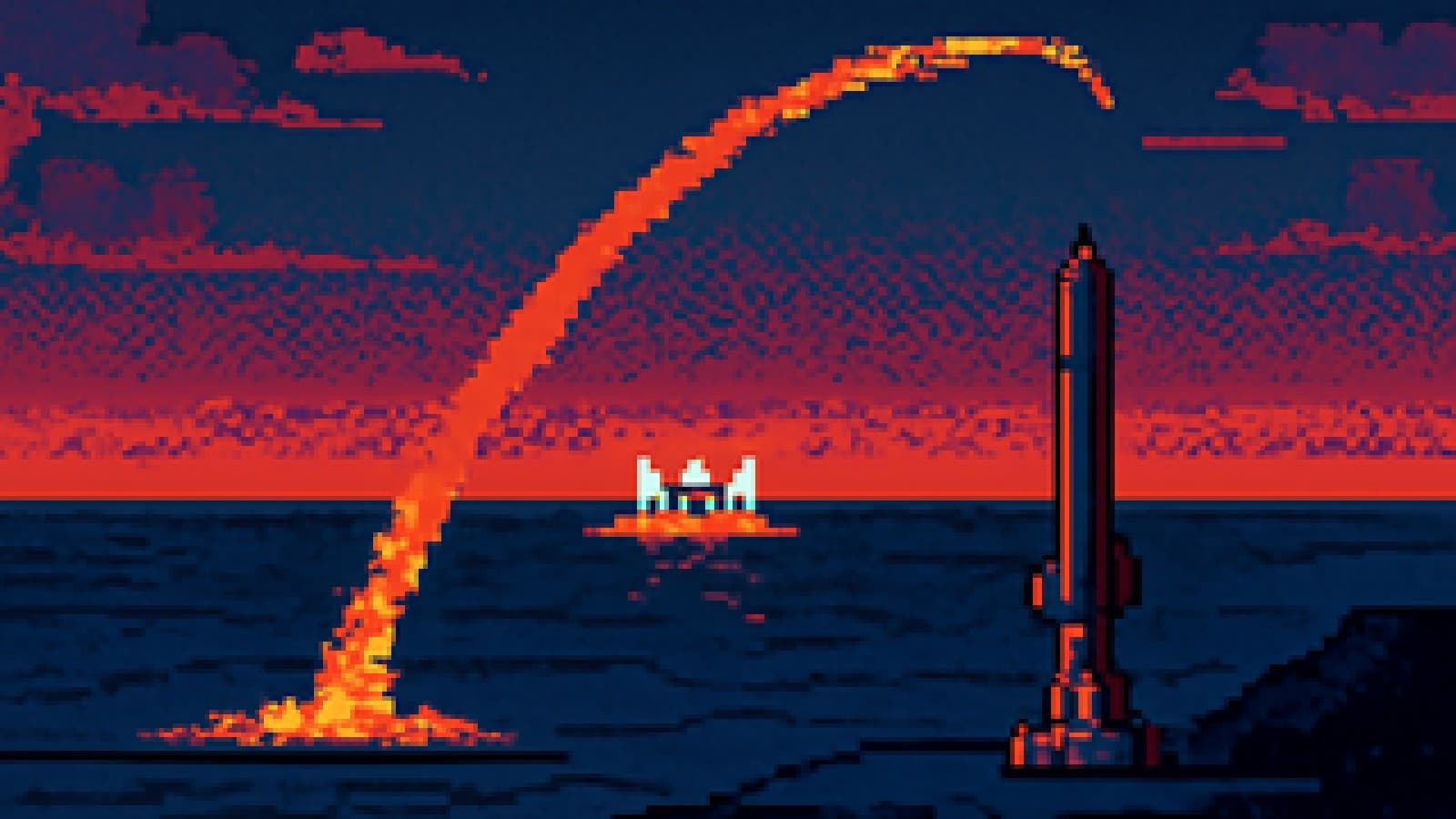 Pixel art of a missile arcing over a grey sea from a coastal test range, with an empty negotiating table on a raft in the distance.