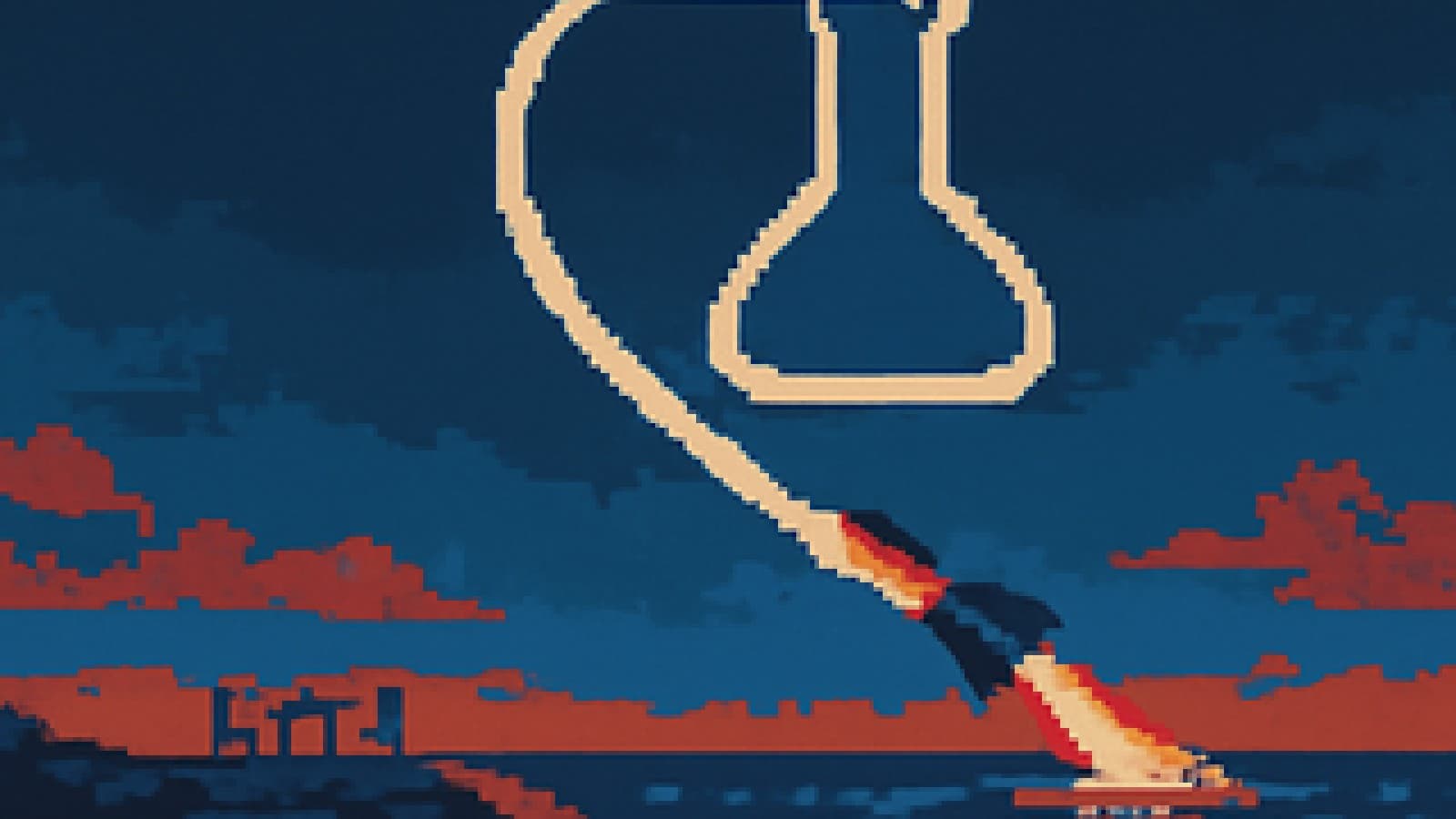 Pixel art of a missile launching over a dark sea, its smoke trail forming a laboratory flask, with an empty negotiating table on the far shore.