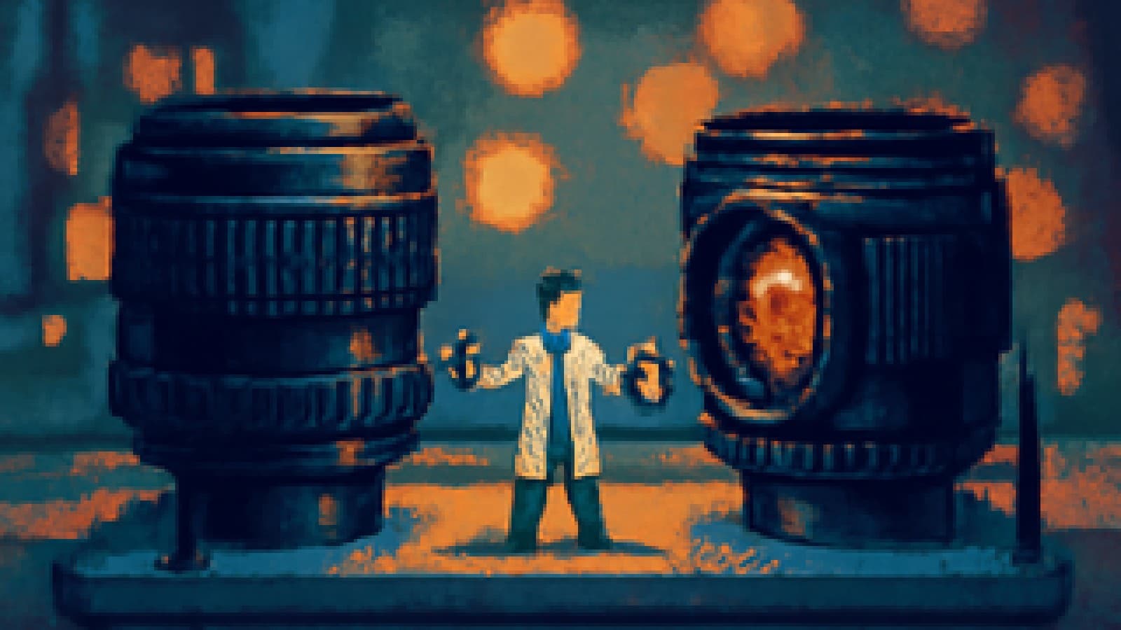 Pixel-art lab bench where two camera lenses face off like boxers while a small scientist times the match.