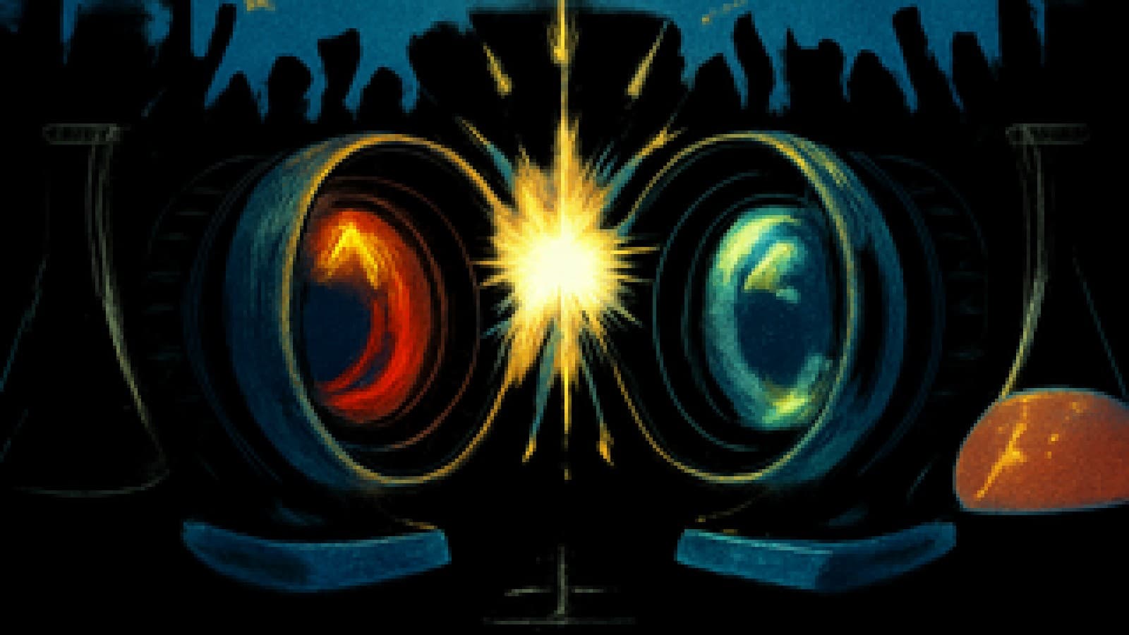 Pixel-art illustration of two camera lenses facing off on a lab bench while a tiny crowd cheers behind them.